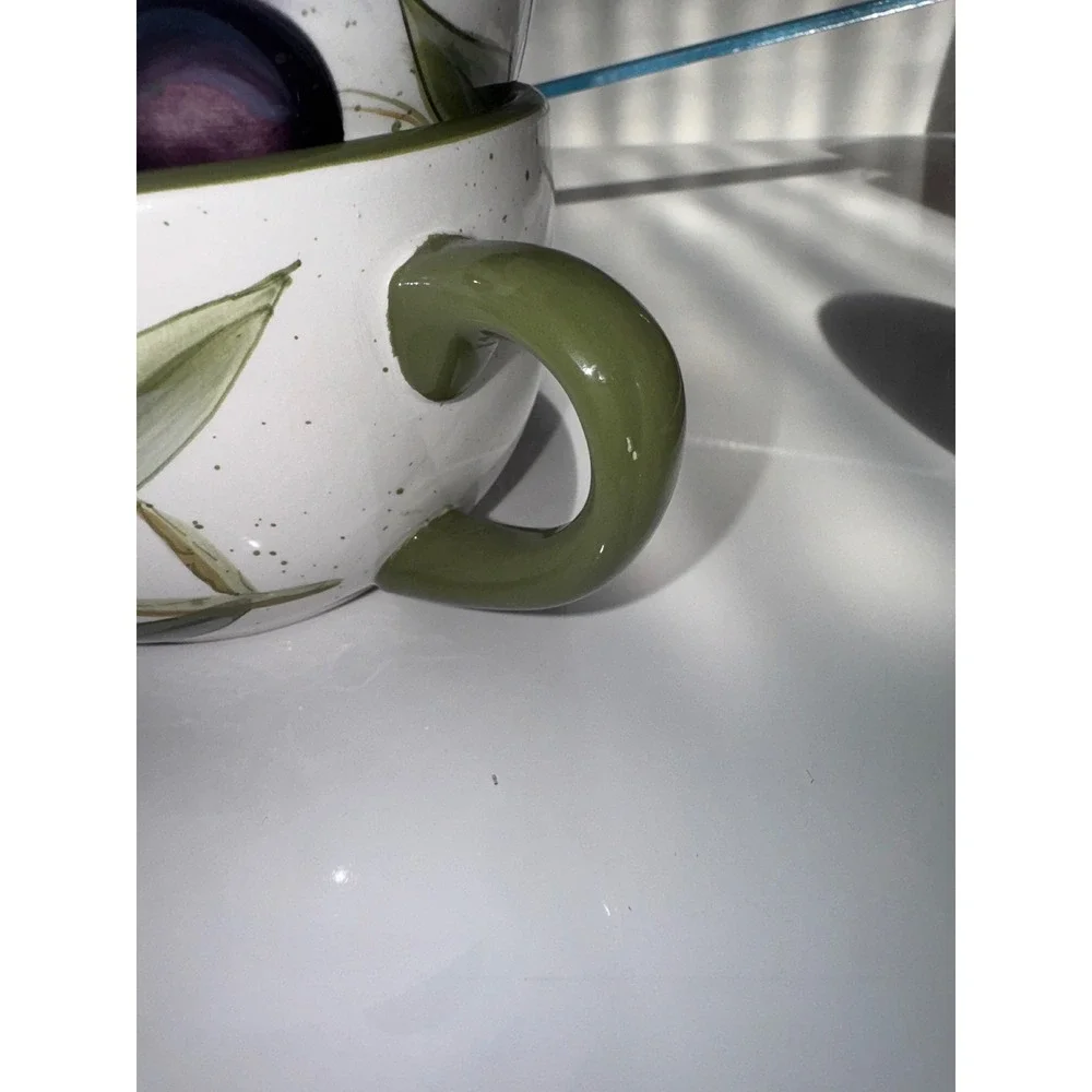 Pier 1 Sorrento Olive Branch Soup Mugs Set of 3 Earthenware Green Purple Cream